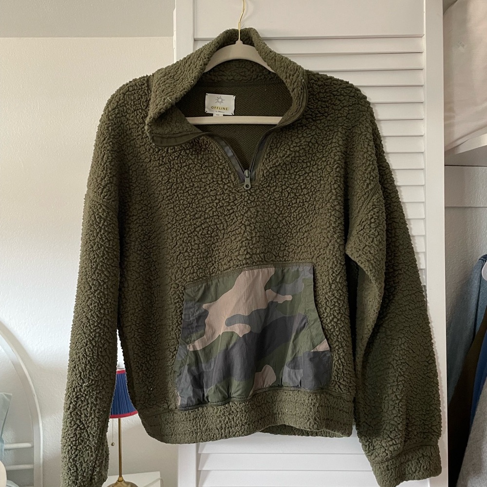 Aerie Olive Camouflage Pocket Zip-Up Sweater